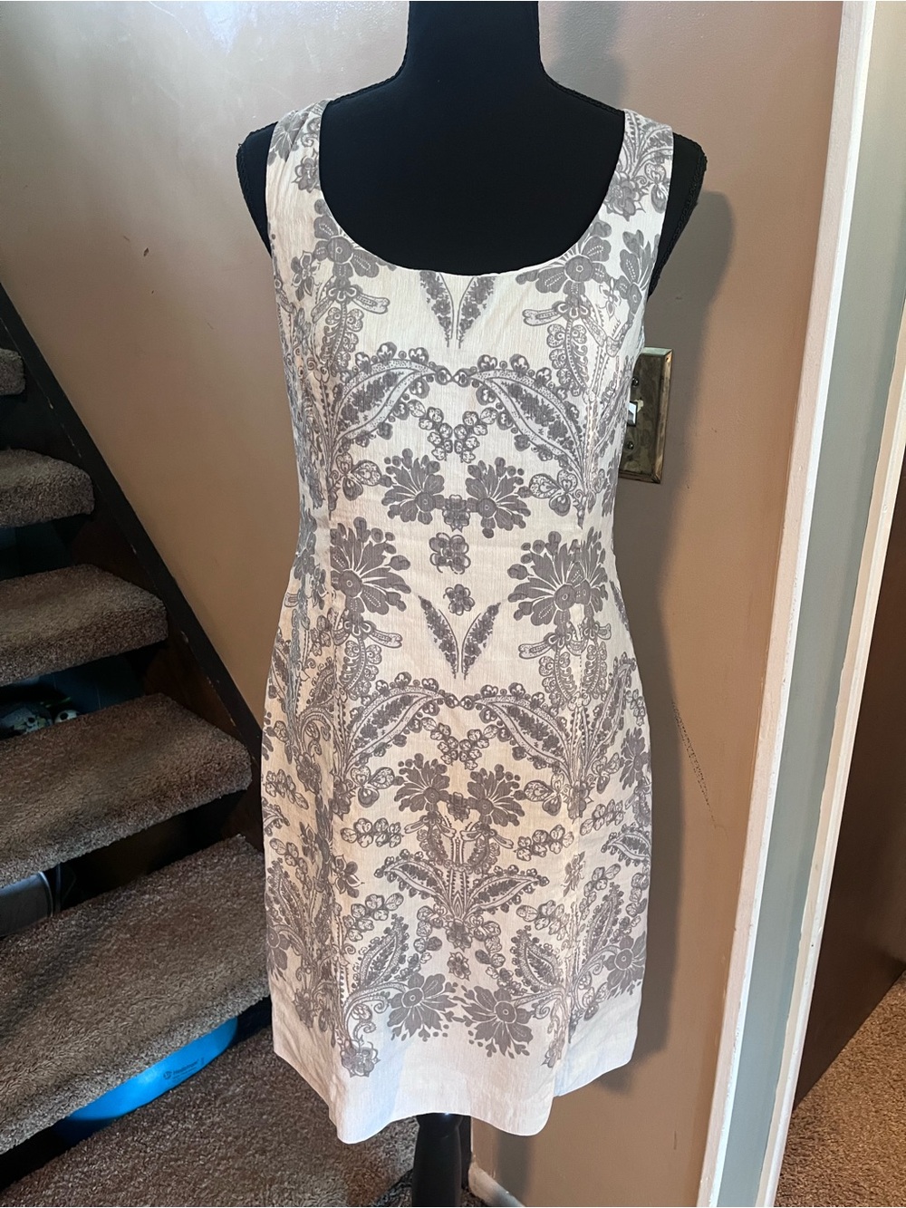 Loft Linen Silk Blend Shift Cream W/ Grey Paisley Dress Size 6